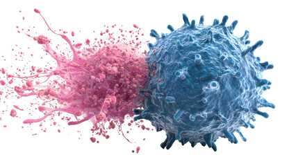 Poster - immune response concept featuring two cells, one exploding and attacking another, depicted on a tran