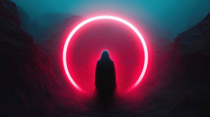 Poster - A shadowy figure stands before a luminous neon circle, evoking feelings of mystery, the unknown, and otherworldly dimensions amidst a surreal, ethereal atmosphere.