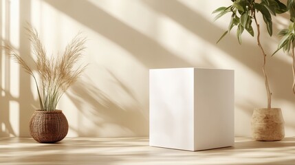 Poster - A simple white pedestal stands against a backdrop of soft shadows, emphasizing minimalist design, tranquility, and the beauty of simplicity in interior decor.
