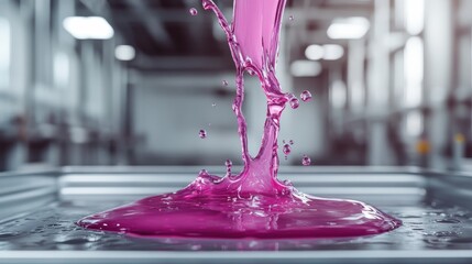 Poster - An artistic splash of vibrant purple liquid captured mid-motion, showcasing beauty in chaos and the striking contrast against a modern, industrial backdrop.
