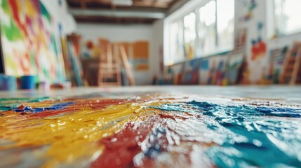 Poster - An artistic haven showcasing vibrant, textured paint on the floor of a creative studio, surrounded by colorful artwork, embodying the spirit of creativity and inspiration.