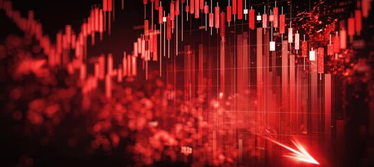 Poster - Red business arrow down. Stock market data. Finance crisis depression market. Generative video AI technology.	
