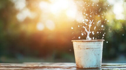Poster - A vibrant splash of water erupts from a vintage metal bucket, catching the warm sunlight in a beautiful outdoor setting, symbolizing freshness and the joy of nature's simplicity.