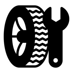 Poster - Wrench tool and car wheel solid icon, tires fitting concept. Vector graphics. Changing wheels, car service sign on white background, style mobile or design.