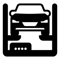 Poster - Car with elevator solid icon, car service concept. Vector graphics. Cargo lift for motor vehicle repair, changing parts sign on white background, style mobile or design.