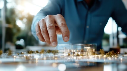 Poster - A detailed scene showcasing a hand positioning a clear architectural model amidst lush mini greenery, highlighting urban planning and the art of design innovation.