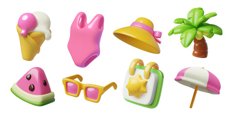 Cute summer 3d vector elements collection. Beach vacation icons set with watermelon, ice cream, sunglasses, pink bikini, hat, calendar with sun, umbrella snd palm tree.