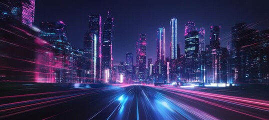 Poster - Virtual digital highway road on cyberpunk neon city. Fast speed motion effect. Generative video AI technology.	

