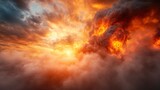 A breathtaking view of a fiery sunset, with smoke and clouds interacting dramatically, symbolizing energy, transformation, and the unstoppable force of nature in a stunning display.