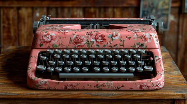 Vintage pink typewriter with floral design