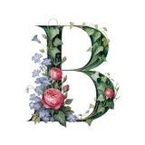 Floral letter B with roses and ivy leaves, elegant floral letter B monogram illustration, vintage floral letter B design for decorative artwork