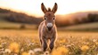 © Larisa AI - A charming baby donkey trots joyfully through a vibrant flower field, evoking innocence and the beauty of nature's playful moments under a warm sunset glow.