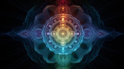 Poster - Vibrant representation of chakra energy flow through abstract visual art in dark background
