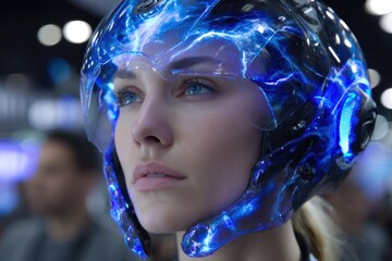 Poster - Futuristic helmet with glowing elements showcased at a tech event in the evening