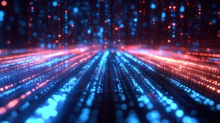 Poster - A dynamic digital grid with glowing blue and red lights forming futuristic lines and dots, evoking themes of technology and data flow.