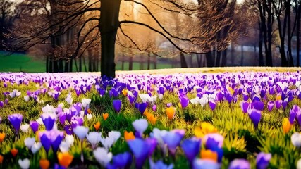 Wall Mural - Blooming crocus flowers in a field of vibrant spring colors at sunny day in park, creating beautiful spring backdrop with blurred trees.