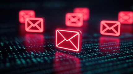 Poster - Red neon envelope icons symbolizing digital email communication on a dark digital data background.