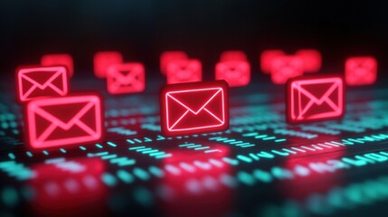 Poster - Red glowing envelope icons representing digital email messages floating above a futuristic, illuminated data interface.