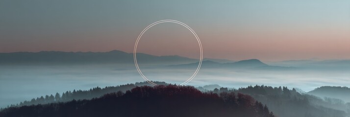 Fototapete - Foggy Landscape Featuring a Central Ring Symbolizing Emptiness at Dawn in a Serene Mountain Setting
