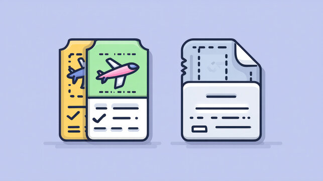 A checkmarked receipt and two flight tickets with aeroplane images. Perfect for organising trips, purchasing tickets, checking flights, using airline services, and getting ready for holidays. Vector 