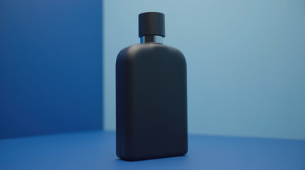 Poster - Sleek black bottle on blue background, showcasing modern design and elegance. Perfect for fragrance or cosmetic products