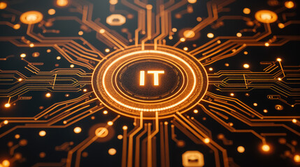 Fototapete - Digital technology circuit design with glowing elements, showcasing IT connections and networks. vibrant colors evoke sense of innovation
