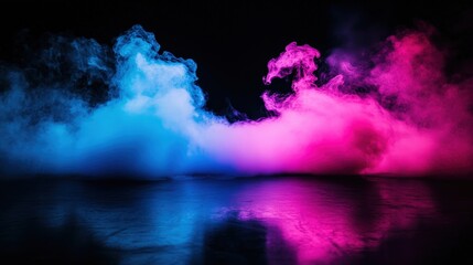 Poster - Vibrant blue and pink smoke clouds swirl and merge over a reflective black surface against a dark background.