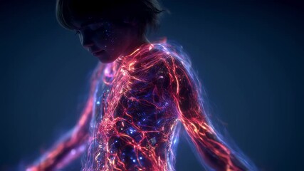 Poster - medical visualization of a child with glowing circulatory and nervous systems, illustrating biologic
