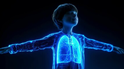 Poster - medical visualization rendering luminous lungs of young child, arms spread wide, revealing respirato