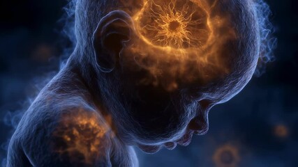 Poster - Medical animation showing a glowing hypothalamus in the brain of an infant experiencing fever, visualizing the body's immune response and thermoregulation process