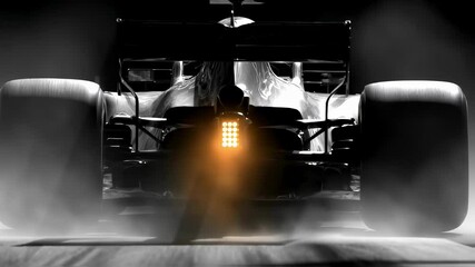 Poster - Powerful single seater open wheel racing car speeding on a racetrack, leaving a trail of dust and smoke, with its rear light glowing brightly in the dark
