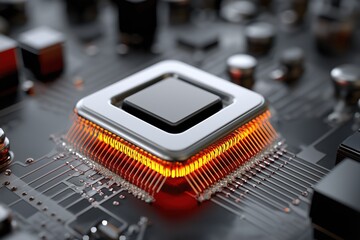 Poster - A computer chip is lit up with a yellow glow. The chip is a square and is surrounded by a black background