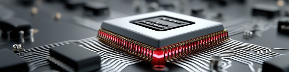 Poster - A computer chip with red lights on it. The chip is a microprocessor. The red lights are on to show that the chip is in use