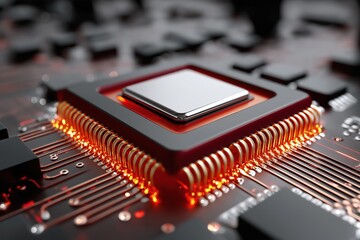Poster - A computer chip is lit up with red and orange lights. The chip is surrounded by a black frame