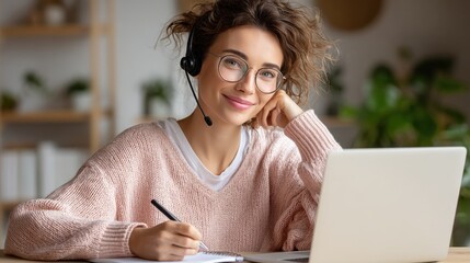 Aufkleber - Smiling Woman Working From Home With Laptop and Headset, Showcasing Productivity and Remote Learning Opportunities : Generative AI
