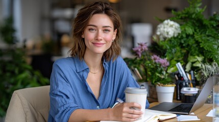 Aufkleber - Smiling Woman Holding Coffee Cup at Desk With Laptop, Representing Productivity and Workplace Wellness in a Modern Office Environment : Generative AI