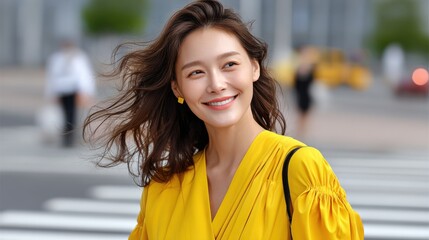 Poster - Smiling Woman in Yellow Dress Walking on City Street, Representing Optimism and Career Success : Generative AI