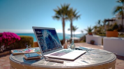 Poster - Laptop on Outdoor Table Overlooking Ocean, Representing Remote Work and Location Independence for Digital Nomad Lifestyle and Entrepreneurial Spirit : Generative AI