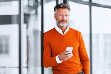 Poster - Mature Businessman Using Smartphone in Modern Office, Representing Leadership and Digital Transformation in a Corporate Setting : Generative AI