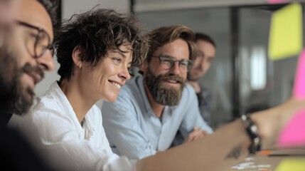Poster - Smiling Coworkers Brainstorming Ideas on Sticky Notes During a Meeting, Representing Teamwork and Strategic Planning for Business Growth and Innovation : Generative AI