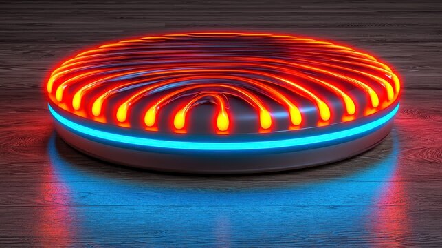 Futuristic Glowing Disc on Dark Wood