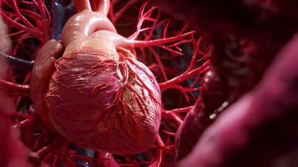 Poster - realistic anatomical 3d animation of a human heart beating, surrounded by a complex network of veins