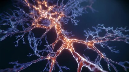 Poster - Neurological disease progression visualized through orange and blue neurons firing and misfiring, revealing complex neural communication and potential neurological disorder dynamics