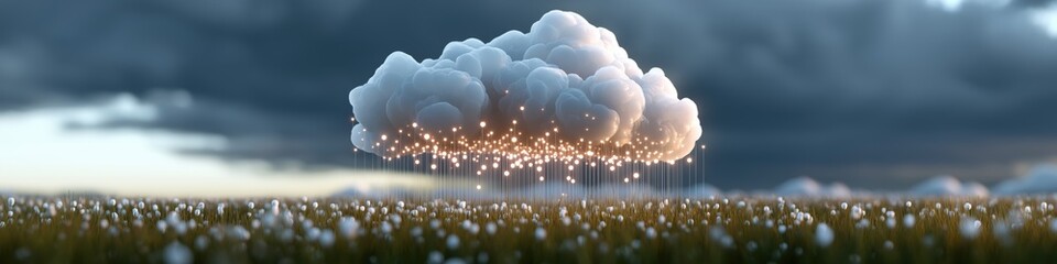 Poster - A large cloud with many small clouds inside of it. The clouds are lit up with bright lights. The sky is dark and cloudy
