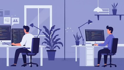 Team of programmers collaborating in a modern office space, with coding screens and plants around