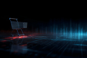 Aufkleber - A futuristic digital shopping cart on a glowing grid symbolizes online shopping and e-commerce technology.