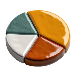 Poster - Colorful ceramic pie chart sculpture with four distinct segments orange, yellow, green, and white, showcasing artistic design and vibrant colors Transparent background or PNG