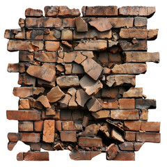 Poster - Cracked brick wall with broken pieces, showcasing rugged texture and earthy tones, evokes sense of decay and history Transparent background or PNG