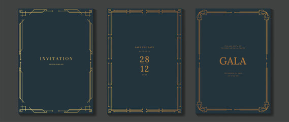 Aufkleber - Luxury wedding invitation card background vector. Golden elegant gold frame on navy blue background. Premium design illustration for wedding and vip cover template, banner, poster.