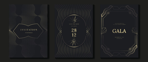 Aufkleber - Luxury wedding invitation card background vector. Golden elegant gold wavy lines and frame on dark background. Premium design illustration for wedding and vip cover template, banner, poster.